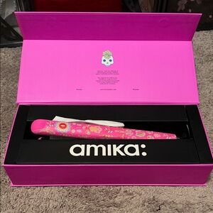 amika Pink Floral Mini Straightener with Multicolor Accents